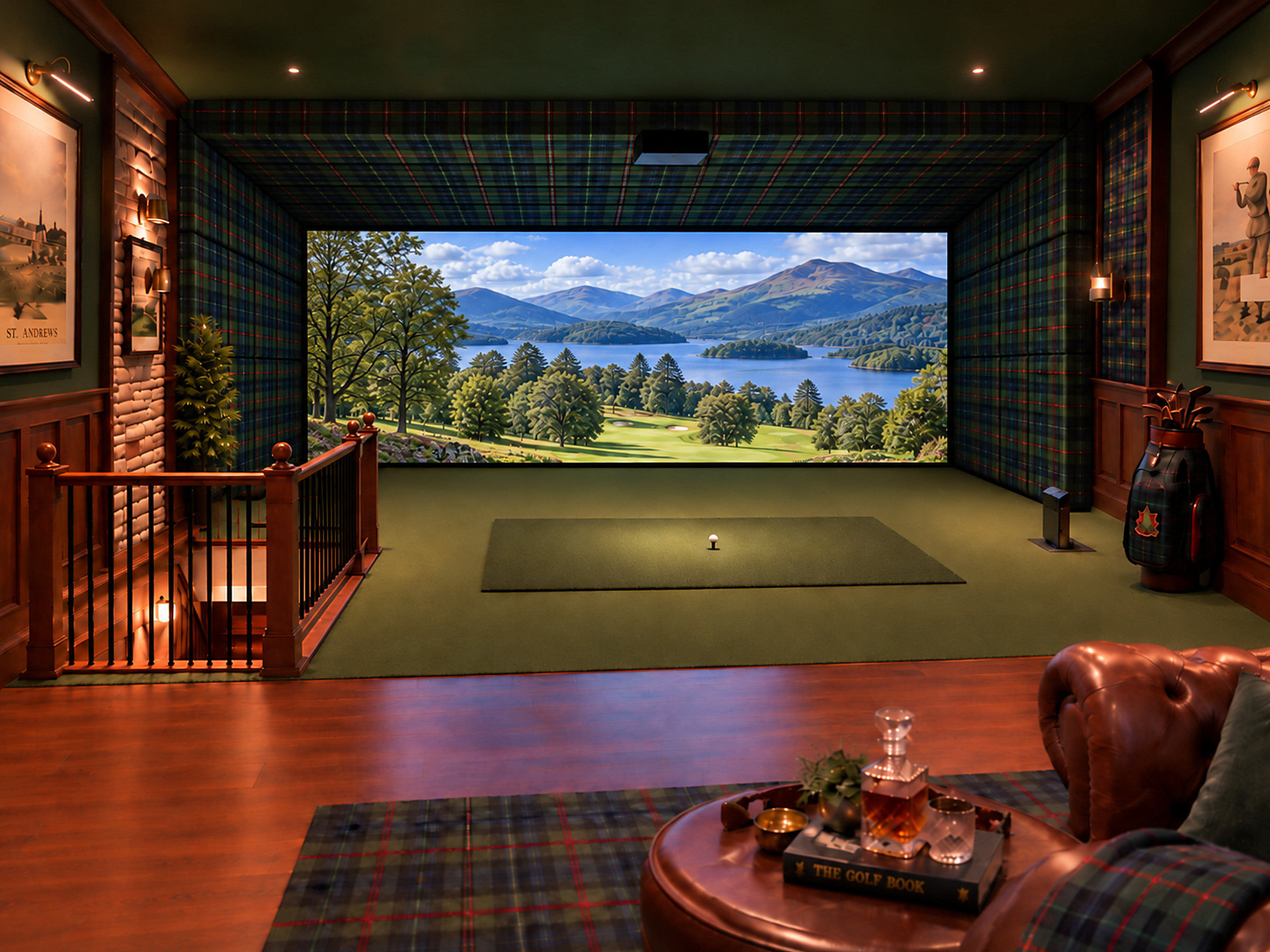 Impressie van The Home of Golf: simulatorscherm in Schotse tartan-stijl